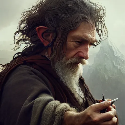 Image similar to A rundown looking hobbit smoking crack, ultra realistic, concept art, intricate details, eerie, highly detailed, photorealistic, octane render, 8k, unreal engine, art by artgerm and greg rutkowski and alphonse mucha