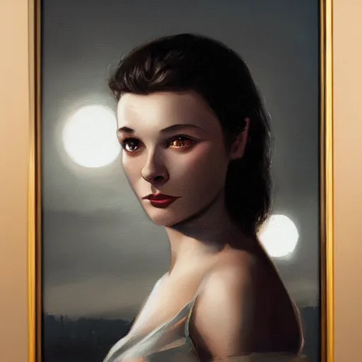 Image similar to closeup portrait of a young vivian leigh, depressed, chiaroscuro, city background, night, moon, dramatic lighting, complementary contrast, high detail, painted by greg rutkowski, painted by igor kieryluk, trending on artstation