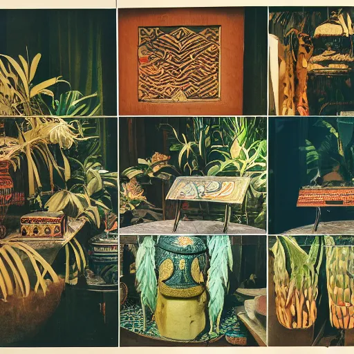 Image similar to An offset photography of an object on display, three colors, anthropology of wonder, (exotic artifacts), bauhause, tropicalism, colonial expedition, exhibition, 60s style