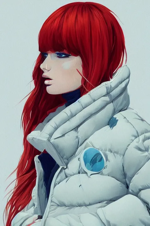 Image similar to a ultradetailed beautiful painting of a stylish woman wearing a puffer jacket, by conrad roset, greg rutkowsk and ilya kuvshinov trending on artstation