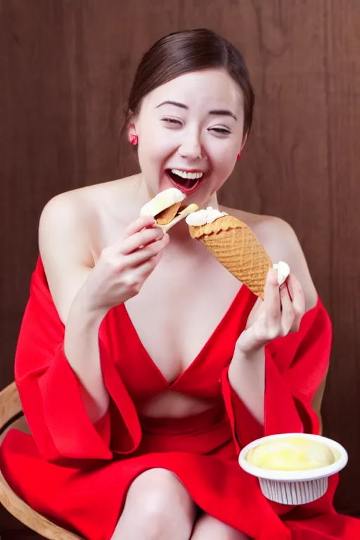 Prompt: photo, young woman eating ice cream, sitting on a chair, red dress, high heels, japanese kimono