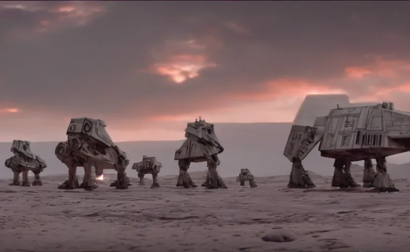 Image similar to a screenshot wide shot of hybrid giant R2-D2 mixed with an AT-AT land walkers, marching on a red landscape, from Star Wars The Last Jedi, iconic scene from the 1980 film directed by Stanley Kubrick, shot on anamorphic lenses, cinematography, 70mm film, lens flare, kodak color film stock, ektachrome, immensely detailed scene, 4k