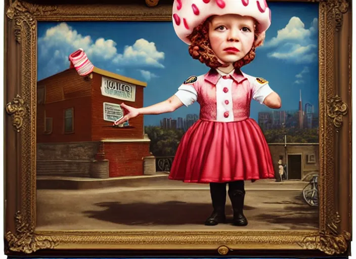 Image similar to a donut dressing a police officer costume, lowbrow, matte painting, 3 - d highly detailed, in the style of mark ryden,