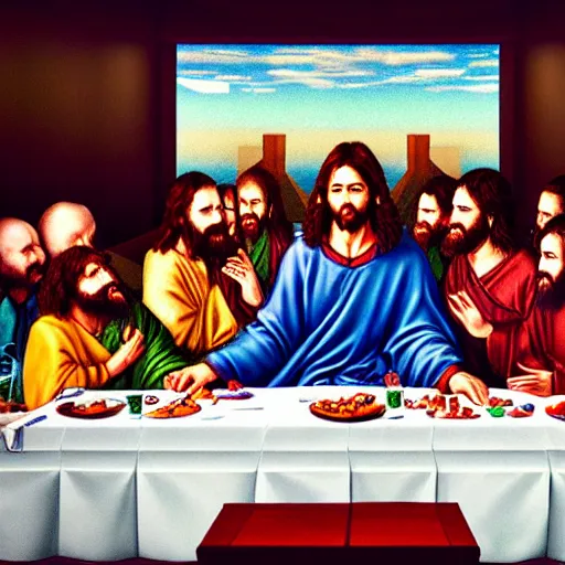 Prompt: Photorealistic asuka soryu at jesus's last supper. Hyperdetailed photorealism, 108 megapixels, amazing depth, glowing rich colors, powerful imagery, psychedelic Overtones, 3D finalrender, 3d shading, cinematic lighting, artstation concept art
