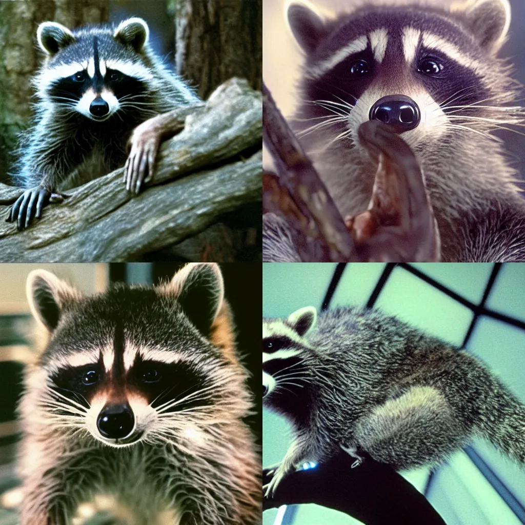 Prompt: raccoons discovering the black rectangle in 2001 A Space Odyssey