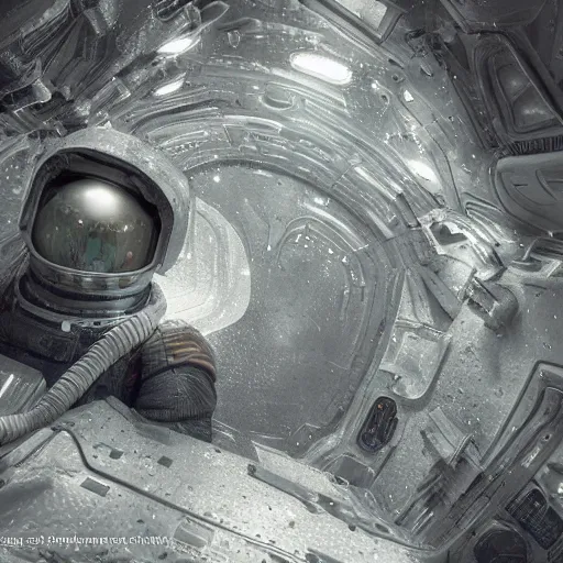 Prompt: concept art by craig mullins astronaut in futuristic dark and empty spaceship. infrared complex and hyperdetailed technical suit design. mandelbulb fractal. reflection and dispersion materials rays and dispersion of light breaking through the deep water. 5 0 mm, f / 3 2. noise film photo. flash photography. unreal engine 4, octane render.