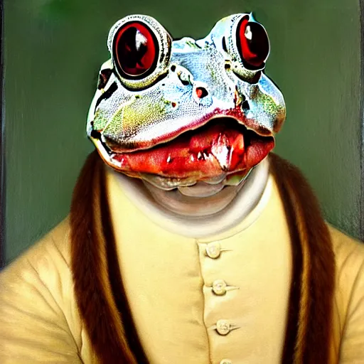 Prompt: a head and shoulders portrait painting of an anthropomorphic! amazon milk frog wearing a colonial outfit without a hat looking off camera, a character portrait, american romanticism, oil on canvas, soft focus