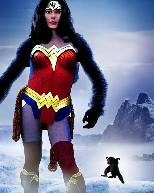 Image similar to photo of a Chimpanzee dressed as Wonder Woman standing in Superman’s Crystalline fortress of Solitude. Photography in the style of National Geographic, photorealistic