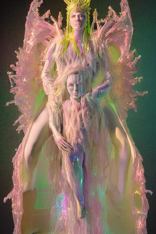 Image similar to full-body rococo and cyberpunk delicate neon crystalline sculpture of (((muscular slender Spanish male))) as an iridescent humanoid deity wearing a thin see-through ((plastic hooded cloak)) sim roupa, reclining con (las piernas abiertas), glowing pink face, crown of (((white lasers))), large diamonds, swirling black silk fabric. futuristic elements. oozing glowing liquid, full-length view. space robots. (((human skulls))). throne made of bones, intricate artwork by caravaggio. Trending on artstation, octane render, cinematic lighting from the right, hyper realism, octane render, 8k, depth of field, 3D