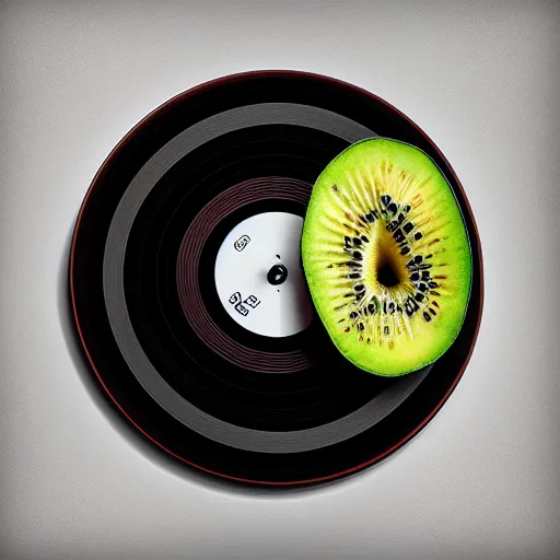 Image similar to miniature of vinyl turntable vinyl record in shape of huge kiwi fruit, 4 k, digital art, unreal render, hyperrealistic textures, product shot, top view