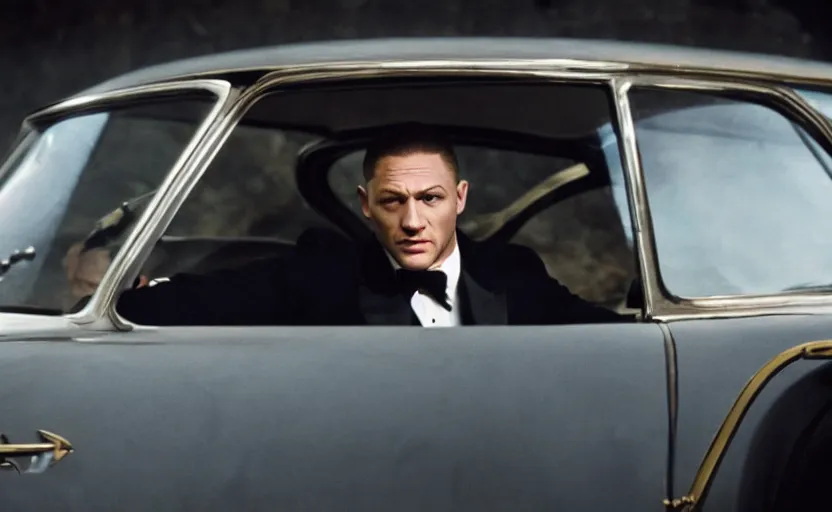 Image similar to film still of Tom Hardy as James Bond in Goldfinger, 8k,