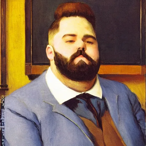 Prompt: portrait of a chubby bearded Leo-American young man, tailored clothing, glowing with colored light, painting by Franz Marc, by Jean-Léon Gérôme, by Winsor McCay, today's featured photograph, 16K