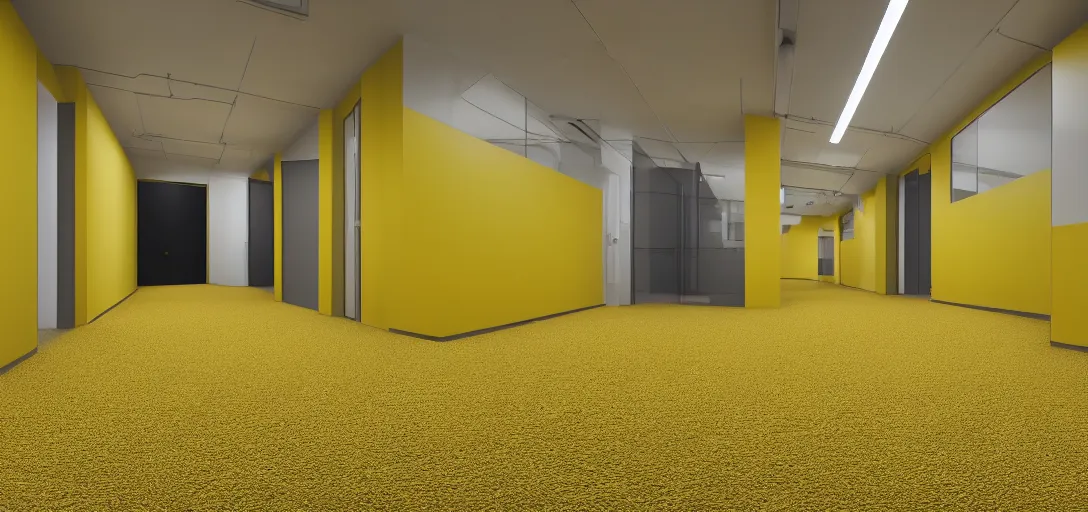 Image similar to backrooms office place yellow walls carpet floor led lights with nobody, bright, 8 k photorealistic, hd, high details, trending on artstation