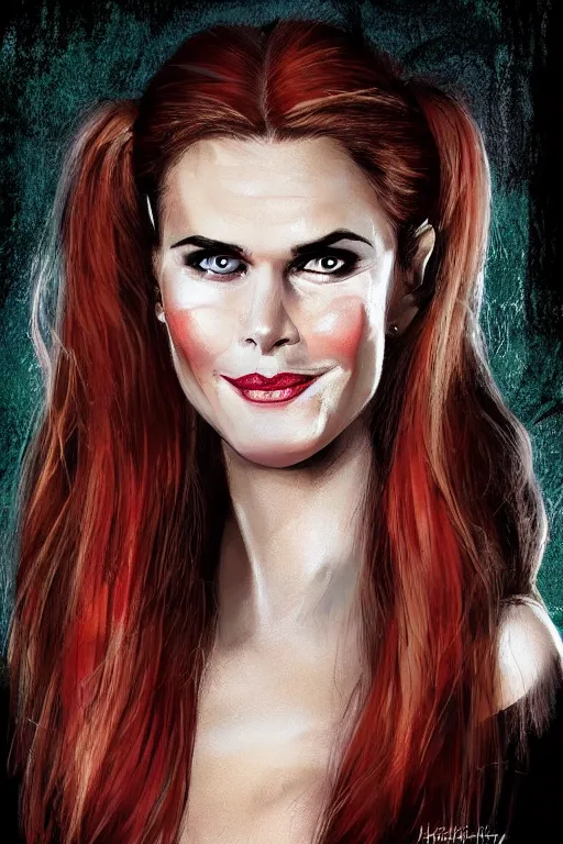 Image similar to mix of beautiful young maria shriver, mariel hemmingway, brooke shields, nicole kidman and elle macpherson as a vampire showing vampire teeth, ready to bite, thin lips, hair tied up in a pony tail, dark blonde hair, colorful, deviantart, artstation, cgsociety