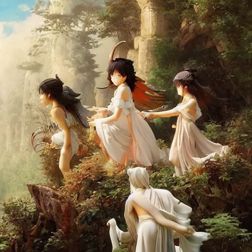 Image similar to dream painting by studio ghibli and henryk siemiradzki, epic multifigures composition