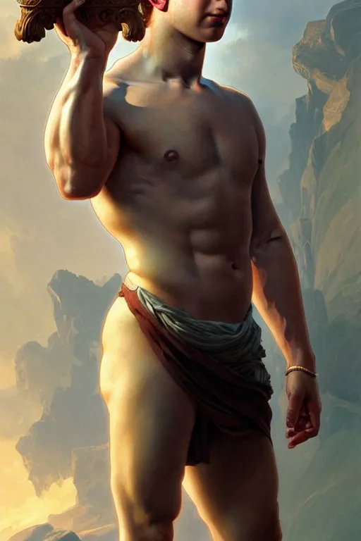 Image similar to Mark Zuckerberg as a Greek god, gorgeous, amazing, muscular, fit, very muscular male body, intricate, highly detailed, digital painting, artstation, concept art, sharp focus, illustration, art by greg rutkowski and alphonse mucha