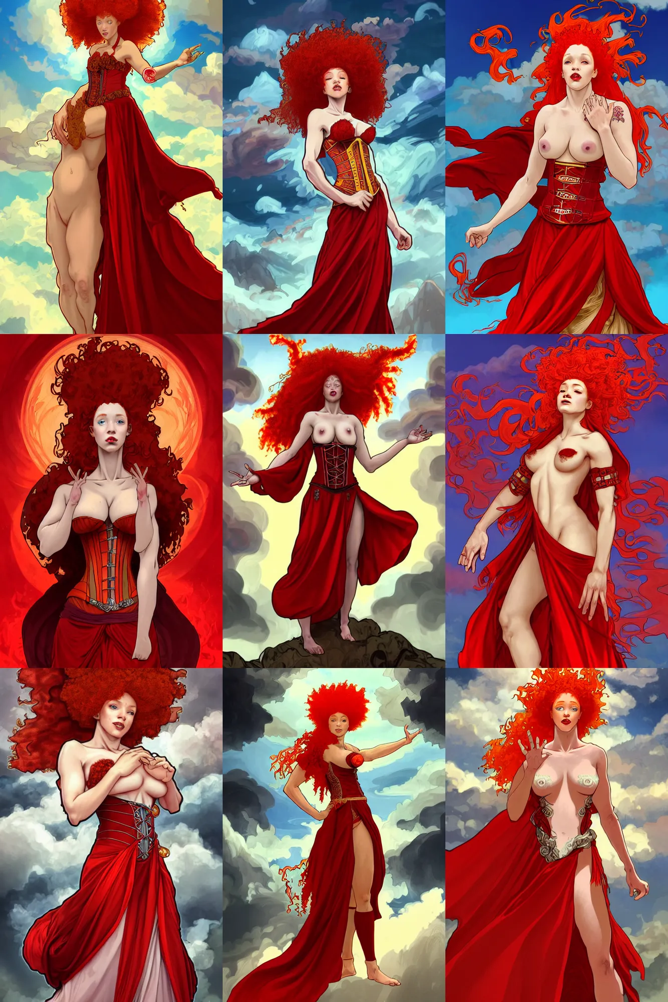 Prompt: a fire mage posing with hands above head, ginger afro with freckles inspired by annie, beautiful face, wearing red dragon armor corset and long flowing red robes blowing in the wind inspired by alphonse mucha, standing on top of a mountain, epic clouds and godlike lighting, intricate illustration and highly detailed digital painting. inspired by artgerm.