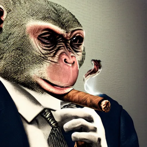 Image similar to a high detail closeup shot of a depressed monkey wearing a suit and smoking a cigar