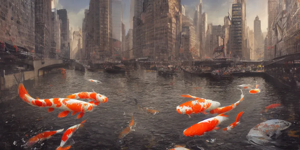 Image similar to giant koi fish flying through manhattan, dim volumetric lighting, 8 k octane render, hdr, postprocessing, hyperdetailed, intricate, epic composition, cinematic lighting, masterpiece, trending on artstation, stunning art by anders zorn, extraordinary artwork by greg rutkowski