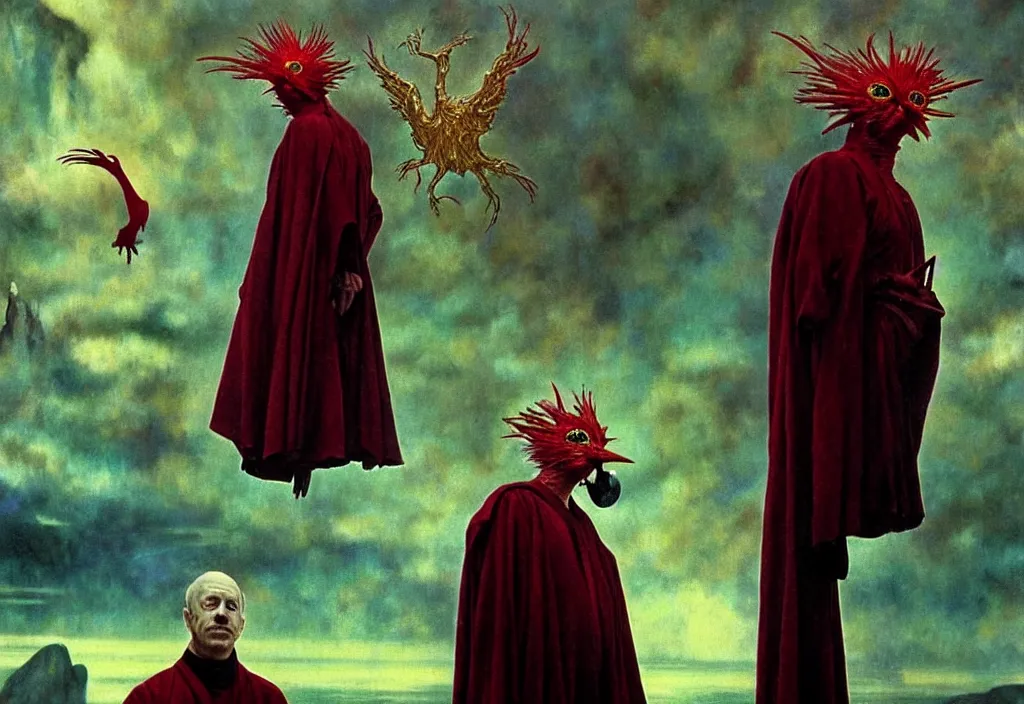 Image similar to realistic detailed portrait movie still of a birdman wearing dark robe, sci fi landscape background by denis villeneuve, amano, yves tanguy, alejandro jodorowsky, alphonse mucha, max ernst, ernst haeckel, roger dean, masterpiece, rich moody colours, snarling dog teeth