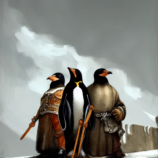 Image similar to penguin conquistadors in rome, artstation, history, nature, goya