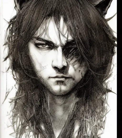 Image similar to portrait of anime cat with long hair wearing a dark robe, pen and ink, intricate line drawings, by craig mullins, ruan jia, kentaro miura, greg rutkowski, loundraw