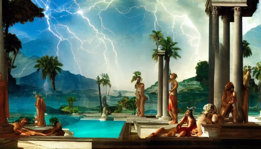 Image similar to Inside the giant Palace, mediterranean balustrade and columns line, refracted sparkles, thunderstorm, greek pool, beach and Tropical vegetation on the background major arcana sky and occult symbols, by paul delaroche, hyperrealistic 4k uhd, award-winning, very detailed paradise