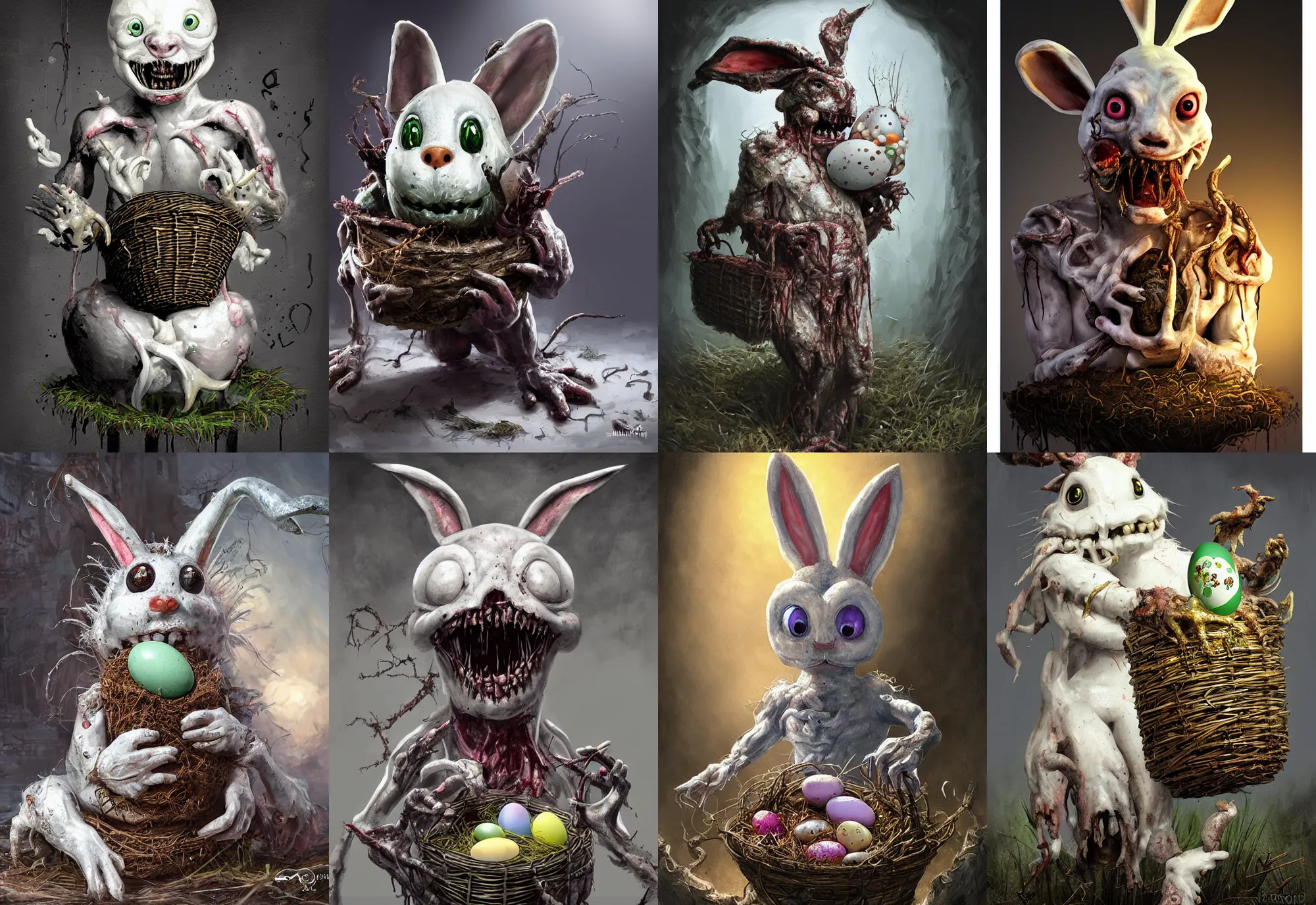 Prompt: a nightmarish slimy monster white easter bunny, with black eyes, rotting flesh, exposed bone, with an easter basket, by jerad marantz, concept art, dramatic lighting, highly detailed digital painting
