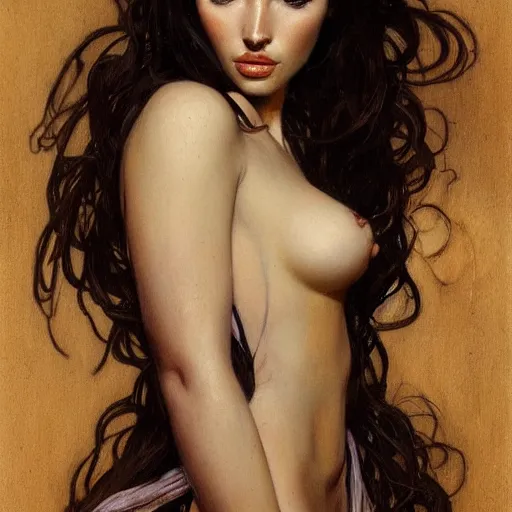 Image similar to half length portrait of a woman who is a mix of ana de armas and megan fox, seduction spell, d & d, medieval, fantasy, royo, klimt, miro, vallejo, frazetta, alphonse mucha, greg rutkowski, whealan