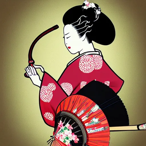 Image similar to beautiful japanese geisha wielding a fan as her blade, digital art