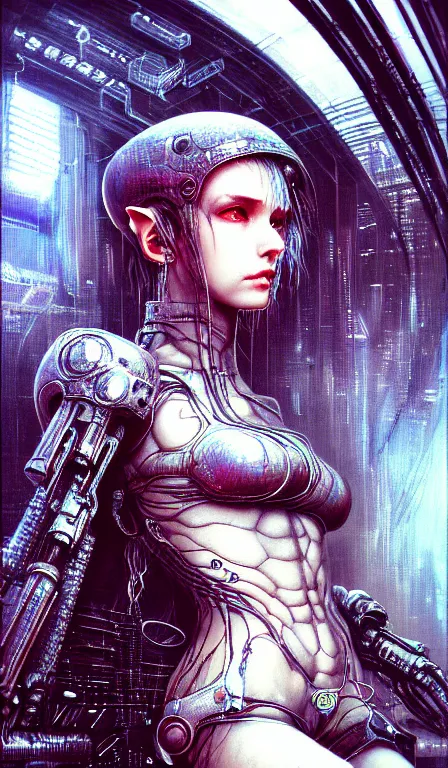 Image similar to a highly detailed long shot photo of cyberpunk female character by ayami kojima, elf, beksinski, giger, elf, intricate, digital painting, artstation, concept art, smooth, sharp focus, full body shot