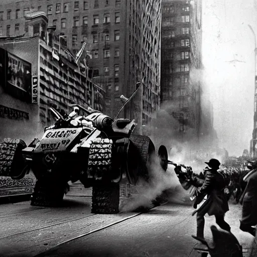 Image similar to old black and white photo, 1 9 1 3, depicting a diesel gundam rampaging through the bustling streets of new york city, historical record