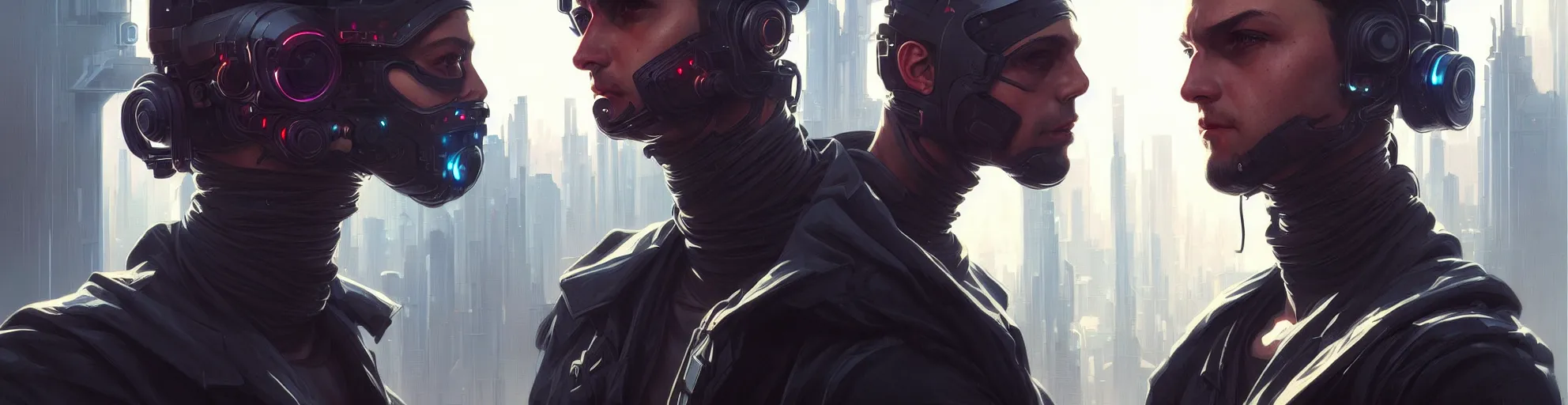 Image similar to Hacker cyberpunk man portrait, highly detailed, digital painting, artstation, concept art, smooth, sharp focus, illustration, art by artgerm and greg rutkowski and alphonse mucha