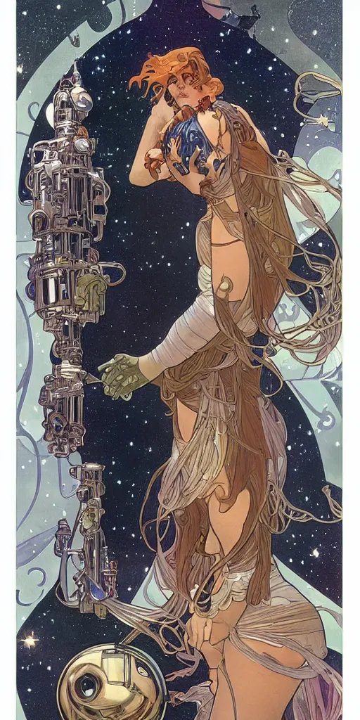 Prompt: a woman wearing outer space as a dress, pouring water from a vase into the milky way, by travis charest, by alphonse mucha, battle chasers.