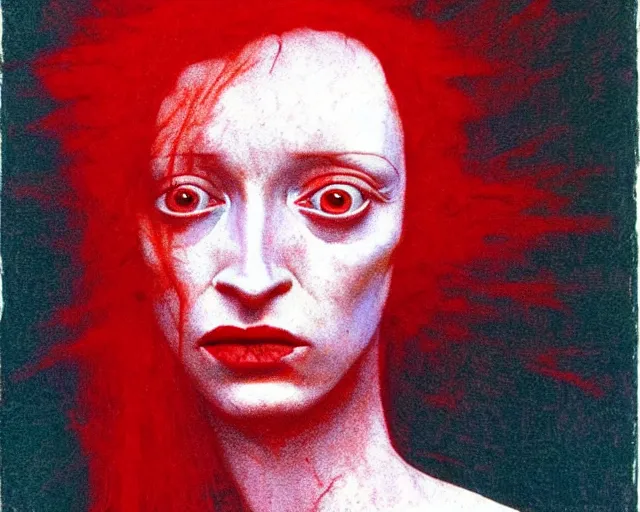 Image similar to by francis bacon, beksinski, mystical redscale photography evocative, full eyebrows lips. kat dennings uma thurman christina hendricks tilda swinton