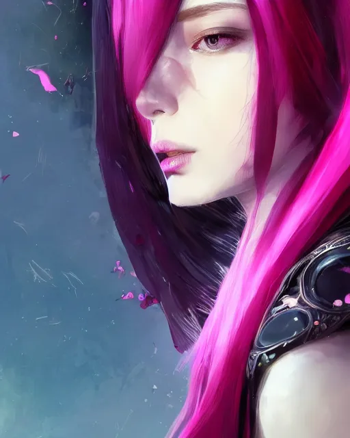 Prompt: a highly detailed digital art of A beautiful woman, with medium length magenta hair covering an eye, and a tall tree, and large obsidian crystals, cinematic lighting, dramatic atmosphere, by Dustin Nguyen, Akihiko Yoshida, Greg Tocchini, Greg Rutkowski, Cliff Chiang, 4k resolution, trending on artstation