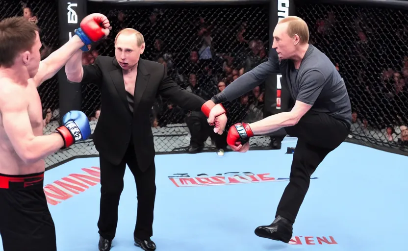 Image similar to Elon musk fighting Vladimir Putin in the MMA octagon, cinematic shot