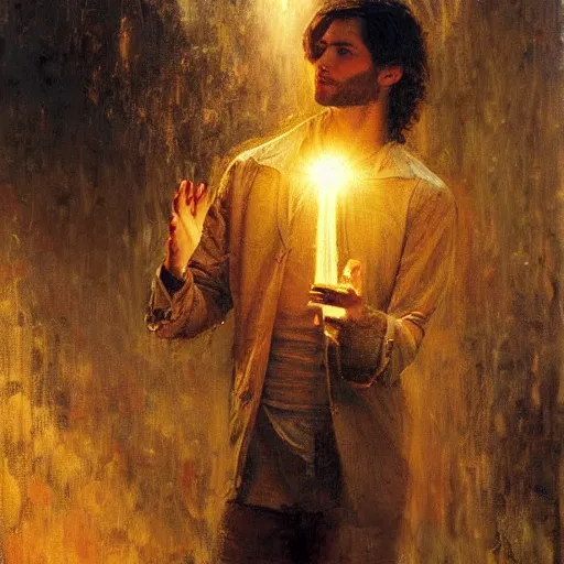 Image similar to a handsome slender young man with wavy brown hair summons a ball of light into his hand. urban fantasy. modern. dramatic. cinematic. holy. saintly. demigod. lord of light. detailed. sharp. photo realistic. realism. gaston bussiere. phil hale