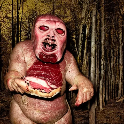 Prompt: big fat butcher with a scary face chops a piece of meat on the stump in a dark forest, night scene, old photo, scary, creepy, terrible atmosphere