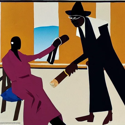 Prompt: female homeless millionaire, in expensive clothes and with a cigar, by Jacob Lawrence and Henry Taylor clean, detailed, award winning