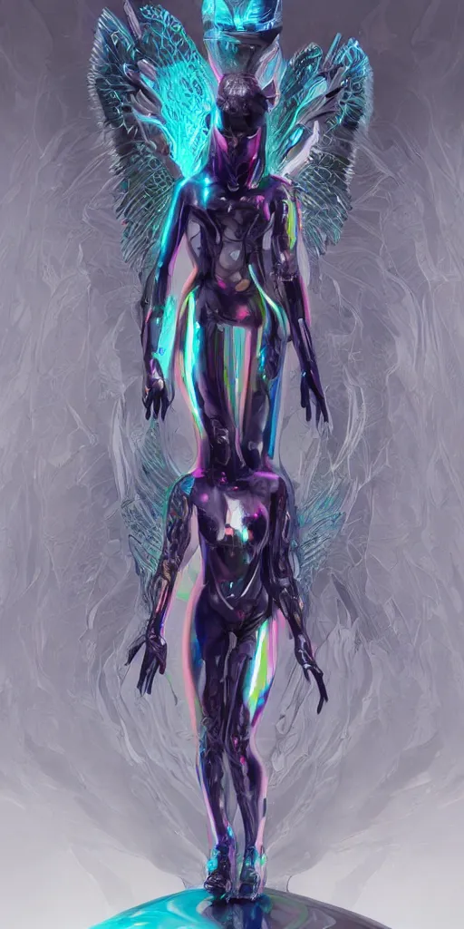 Prompt: symmetrical cyberpunk angel liquid surface form fused with human form fashion outfit concept design, rainbow iridescent accents, full body frontal view, Peter mohrbacher, zaha hadid, tsutomu nihei, emil melmoth, zdzislaw belsinki, Craig Mullins, yoji shinkawa, trending on artstation, beautifully lit, hyper detailed, insane details, intricate, elite, ornate, elegant, luxury, dramatic lighting, CGsociety, hypermaximalist, golden ratio, octane render, weta digital, micro details, ray trace, 8k,