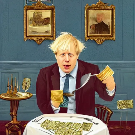 Prompt: painting of boris johnson eating a plate of money pound notes with a knife and fork, ornate feeling, chandelier, royal palace interior