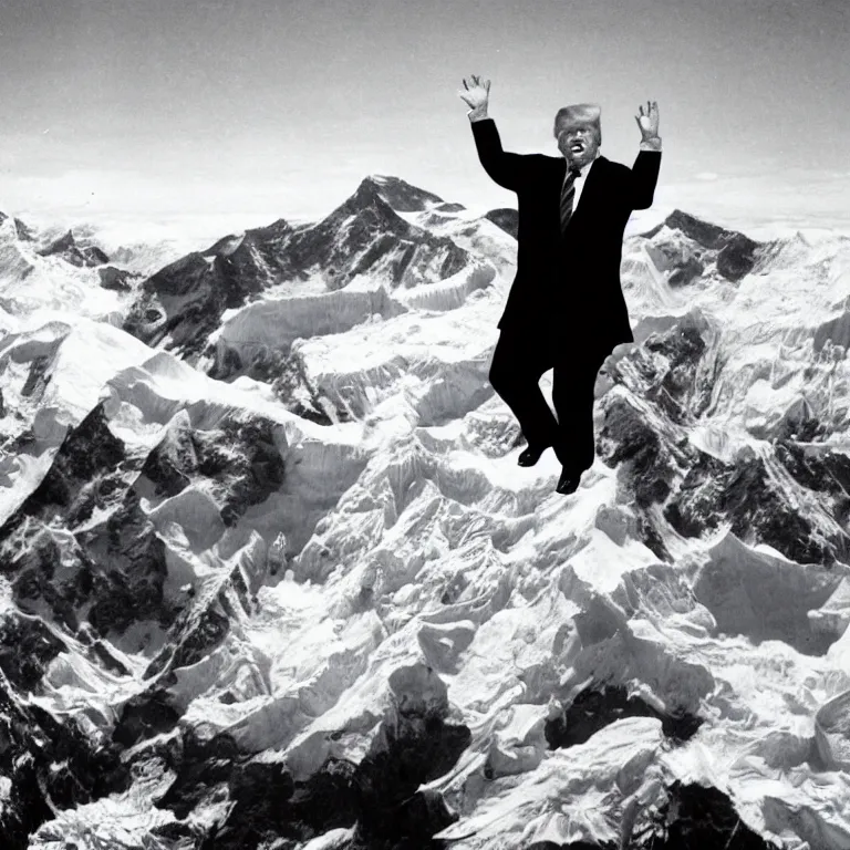 Prompt: historic photo of Donald Trump doing the macarena on top of mount everest.