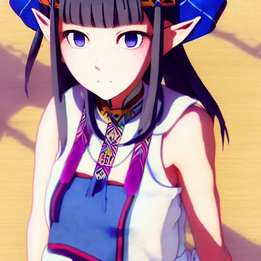 Image similar to a beautiful! boyish! zelda alluring gravure! model, wearing japanese school girl outfit with mayan pattern and native style, aztec street fashion, gapmoe yandere grimdark, trending on pixiv fanbox, painted by greg rutkowski makoto shinkai takashi takeuchi studio ghibli, akihiko yoshida