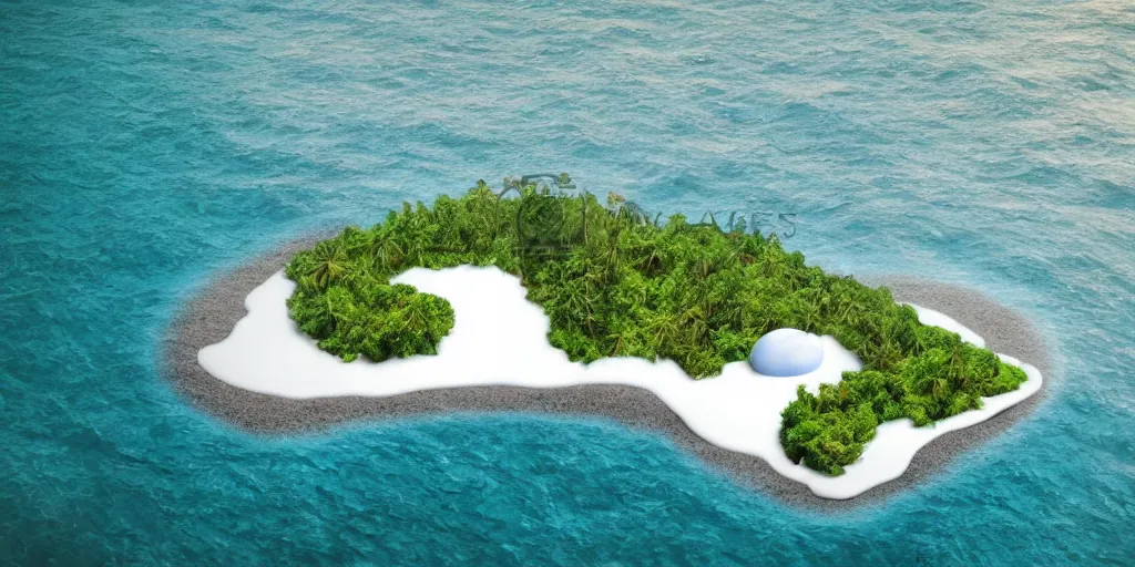 Image similar to hyperrealistic photo of an small island with white beach, water full of fish and a modern house on it