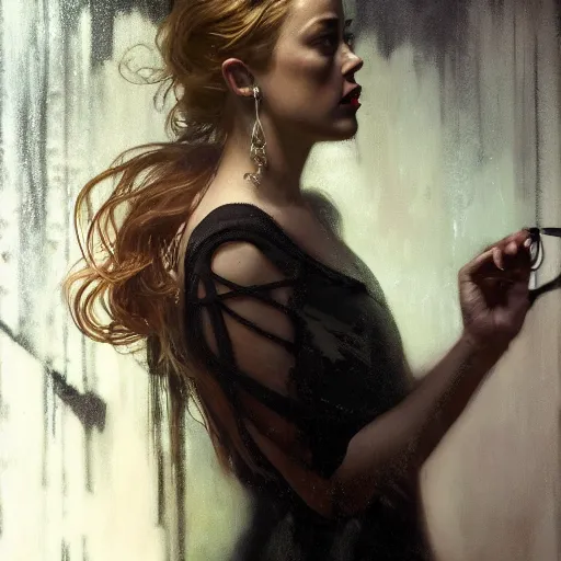 Image similar to hyperrealistic portrait of a woman as amber heard making a telephone noir call by jeremy mann and alphonse mucha, fantasy art, photo realistic, dynamic lighting, artstation, poster, volumetric lighting, very detailed faces, 4 k, award winning