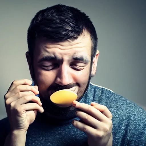 Prompt: a man eating the last egg while looking sad, realistic photo,