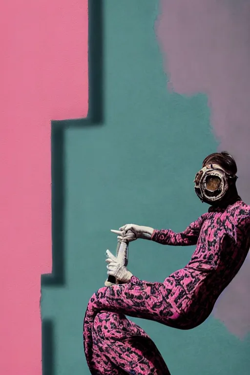 Image similar to a surreal portrait of intertwined and contorted figures wearing gas mask next to a pink wall in the style of brooke didonato, editorial fashion photography from vogue magazine, full shot, nikon d 8 1 0, ƒ / 2. 5, focal length : 8 5. 0 mm, exposure time : 1 / 8 0 0, iso : 2 0 0