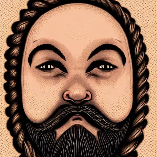 Prompt: close up headshot of a bald man with a wide face small beady eyes and a beard made out of braids, braided beard, drawing by Jeffrey Smith