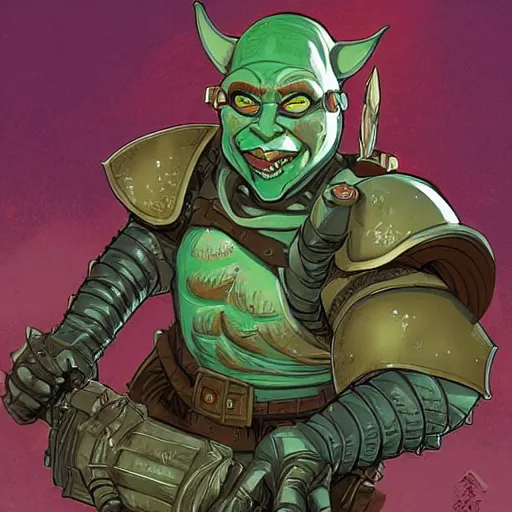 Image similar to character portrait green orc lady in full plate armour by art style by feng zhu and loish and laurie greasley, victo ngai, andreas rocha, john harris